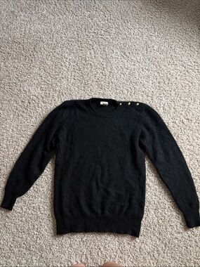 Neiman Marcus Black Crewneck Sweater with Gold Shoulder Buttons
